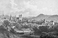 Černobílá fotografická reprodukce litografie s pohledem na Žitavu