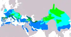 Rozšíření lindušky horské (světle zeleně – hnízdiště, tmavě zeleně – celoroční výskyt, světle modře – migrace, modře – zimoviště)