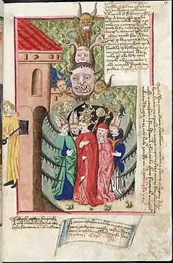 Papež, kardinál a biskupové v objetí apokalyptické šelmy, fol. 69r