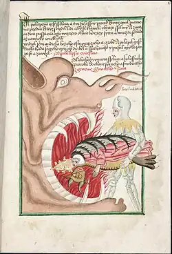 Sluha boží hází falešného papeže do ohnivé tlamy apokalyptické šelmy, fol. 80r
