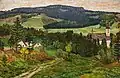 Antonín Hudeček: Krajina s kostelíkem (Machov, v pozadí hora Bor)