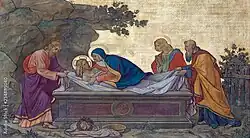 Ukládání Ježíše do hrobu (freska), umístěná v kostele Svatého Cyrila Metoděje v Karlíně, pravděpodobně vznikla ze spolupráce s malířem Gustavem T. Mikschem