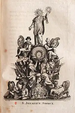 Franz Ginzel a Vendelín Želiskoː Sousoší sv. Ignáce, z knihy F. W. Welleby Die Karlsbrücke (1827)