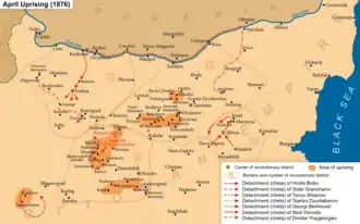 Mapa s vyznačenými ohnisky Dubnového povstání