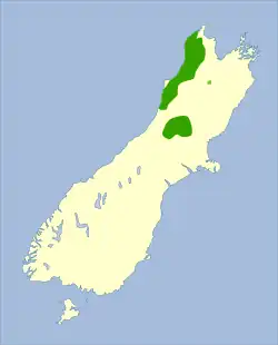 Mapa Jižního ostrova se zeleně vyznačeným areálem rozšíření