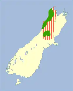 Mapa Jižního ostrova zobrazuje současné rozšíření kiviů Haastových (severo-západ ostrova) a předpokládané rozšíření před příchodem Polynésanů ve 13. století (vedle severo-západu i středo-západ ostrova)