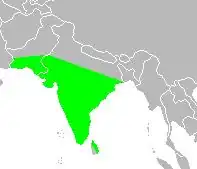 Zeleně vyznačený areál rozšíření stříbrozobky malabarské