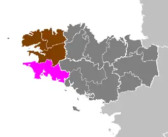 Arrondissement Quimper na mapě regionu Bretaň