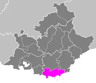 Arrondissement Toulon na mapě regionu Provence-Alpes-Côte d'Azur