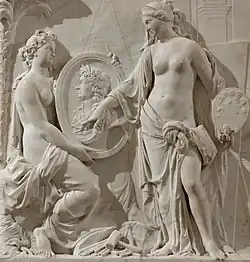 Malířství a sochařství představuje medailon Ludvíka XIV., mramor, alegorie, uloženo v Louvru.