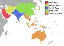 Mapa rozdělení regionálních soutěží v Asii