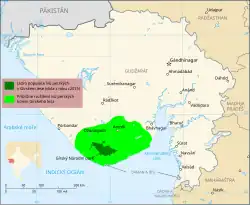 Tmavě zeleně - jádrové rozšíření v rezervaci Gírský les; Světle zeleně - rozšíření mimo hranice rezervace