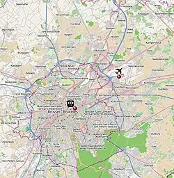 Mapa Bruselu a okolí se znázorněním polohy letiště a zasažené stanice metra