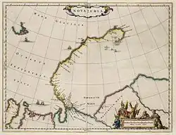 Nová země s mysem Flissingskij označeným na severovýchodní části mapy jako t' Vißinger Hooft (Atlas van Loon, 1664)