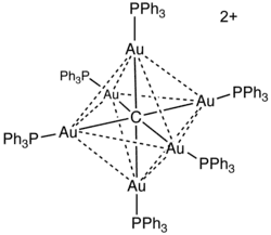 Sloučenina [Au6C(PPh3)6]2+ obsahuje μ6-karbidový ligand,; značka μ se zde většinounepoužívá.