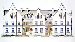 Asylhaus – původně domov pro přestárlé zaměstnance, součást někdejšího komplexu podnikových obytných domů v ústeckém Novém městě. Dnes v areálu městských služeb. Výkres frontální fasády, 80. léta 19. stol. Archiv Spolku, repro My z chemie 8.10.2003, s. 3.