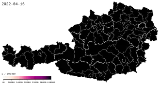 Počet infikovaných na 100 000 obyvatel 40–85 potvrzených případů 85–175 potvrzených případů 175–360 potvrzených případů 360–750 potvrzených případů 750–1500 potvrzených případů 1500+ potvrzených případů