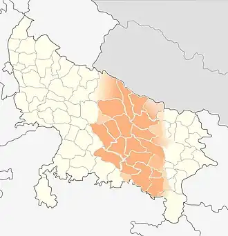 Region Awadh zvýrazěný na mapě Uttarpradéše
