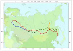 Mapa ruských železničních magistrál Amursko-jakutská magistrála Bajkalsko-amurská magistrála Transsibiřská magistrála původní trasa Transsibiřské magistrály jižní větev Transsibiřské magistrály