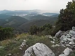 V popředí vápencové skalky, pak vlny zalesněných kopců