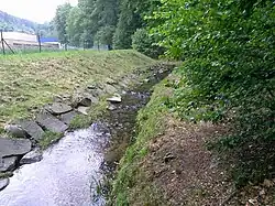 Bělský potok v Bělé, těsně před vtokem do Terezínského rybníku.