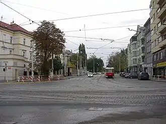 Badeniho ulice, pohled od křižovatky Špejchar