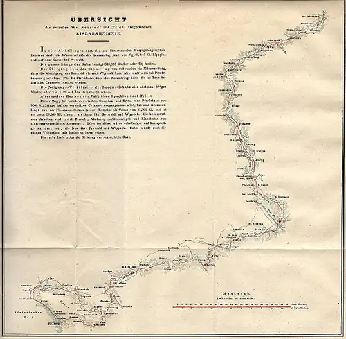 Trasa Jižní dráhy v přehledném plánu z roku 1841