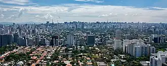 Pohled na mrakodrapy v São Paulu s nižšími budovami a stromy v popředí a horami a oblačným nebem v pozadí