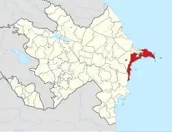 Mapa Ázerbájdžánu s vyznačeným rajónem Baku, pod který spadá Qaraçuxur