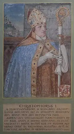 Polodélkový portrét biskupa Kryštofa I. z Trautmannsdorfu. Sekavská bazilika, biskupská kaple (vyobrazení kolem roku 1595).