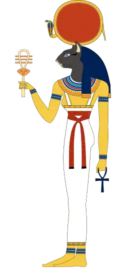 Bastet v podobě ženy s kočičí hlavou držící anch a sistrum