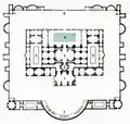 Půdorys Diokleciánových lázní, bazilika stojí na místě tepidaria (2) a frigidaria (3)