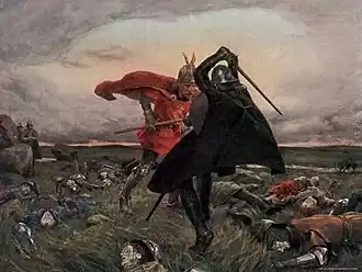 Bitva mezi králem Artušem a sirem Mordredem (Battle Between King Arthur and Sir Mordred), obraz od Williama Hatherella, 19. století