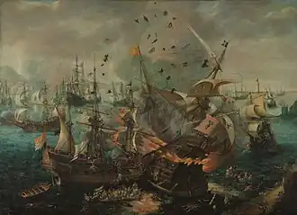 Bitva u Gibraltaru, C. van Wieringen, na obraze výbuch na španělské vlajkové lodi
