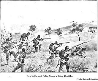 První střet mezi Kuřívodami a Mn. Hradištěm (ilustrace Hugo Schüllingera)