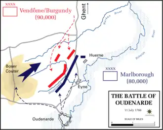Bitva u Oudenaarde (velmi hrubá mapa rozhodujících přesunů a útoků)