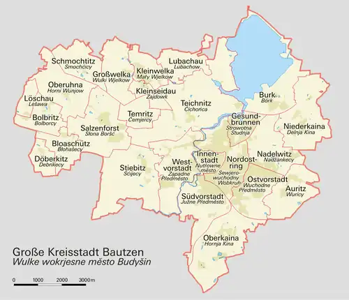 Mapa zobrazující čtvrti a části města Budyšína