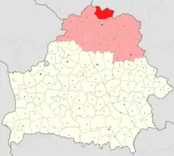 Mapa Rosonské oblasti (červeně) na administrativní mapě Běloruska.