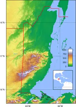 topografická mapa Belize (Mayské pohoří v tmavě hnědé a šedé barvě)