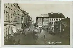 Tramvaje na dnešním Benešově náměstí v Teplicích (kolem r. 1930)
