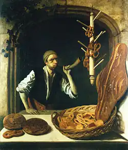 Job Adriaensz Berckheyde (olejomalba: „Der Bäcker"), pekař vytrubuje své zboží pod chlebným loubím (německy Brotlaube), vpravo velká calta, 2. pol. 17. století