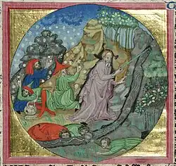 Iluminace z Bible boskovické z doby kolem roku 1420. Izraelité sbírají manu na poušti, Mojžíšův zázrak s pramenem