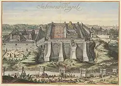 Vyobrazení Šalomounova chrámu v bibli z r. 1682