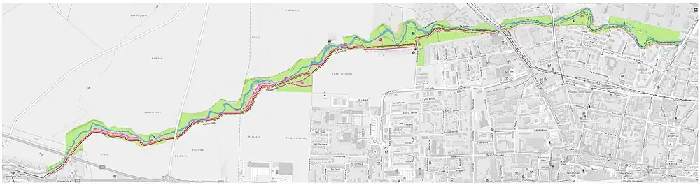 Ohraničení biokoridoru Hloučela na mapě Prostějova