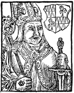 Černobílá kresba muže od pasu nahoru s biskupskou mitrou na hlavě a pláštěm. V rukách drží meč a biskupskou berli. V pozadí se nachází jeho osobní znak. Na obou rukách má prsten.