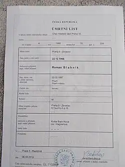 Úmrtí list Romana Blahníka