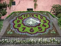 Barevná fotografie květinového záhonu s hodinami u Řeznické bašty