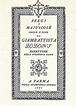 Titulní list Fregi e Majuscole inscise e fuse da G. Bodoni 1771
