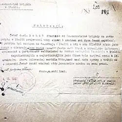 Potvrzení zapojení do čs odboje v Itálii. Dokument byl vystaven Čs. národním výborem v Itálii a podepsán Dr. J.M. Veselým 4. září 1945 v Praze