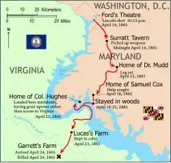 mapa zobrazující, jak Booth unikl
